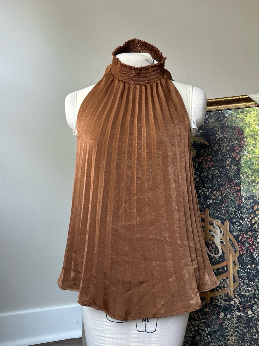 Vintage Caché 90s / Y2K Brown Pleated Halter Neck Women's Top